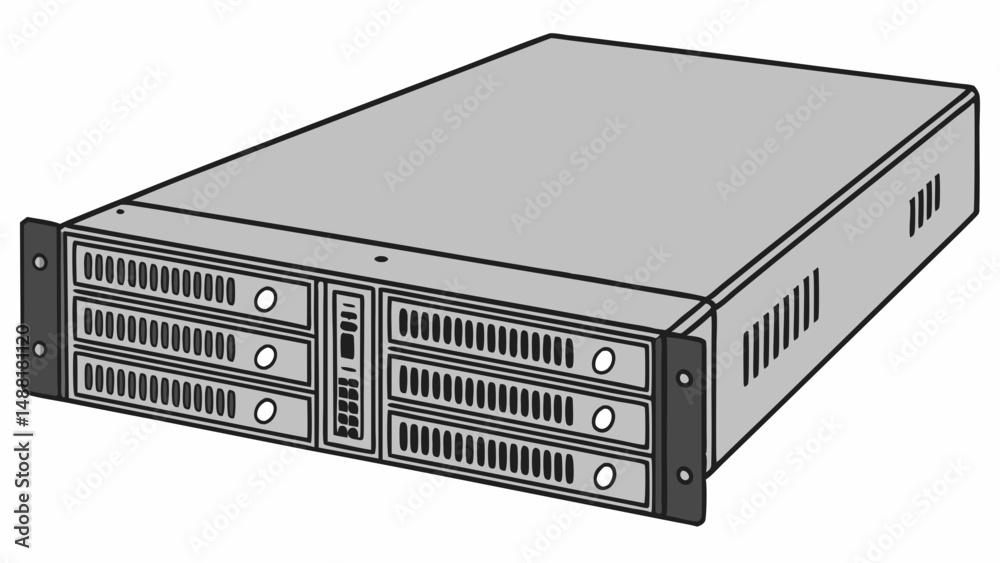 Obraz premium Black 2U Server Chassis with Three Horizontal Drive Bays on White Background – Data Center Schematic Style