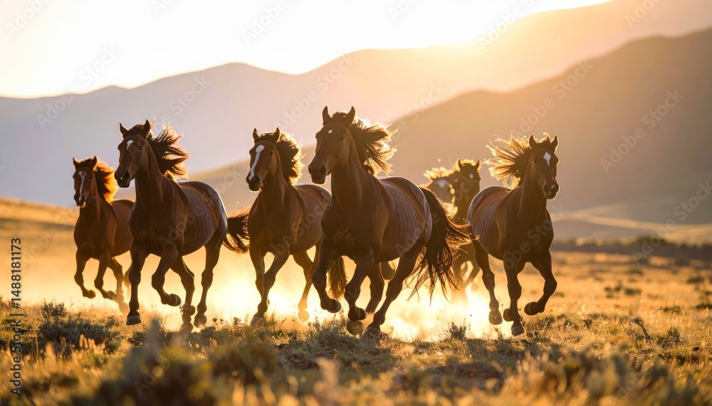 Obraz premium A group of wild horses runs freely across a sunlit, grassy plain with mountains in the background.