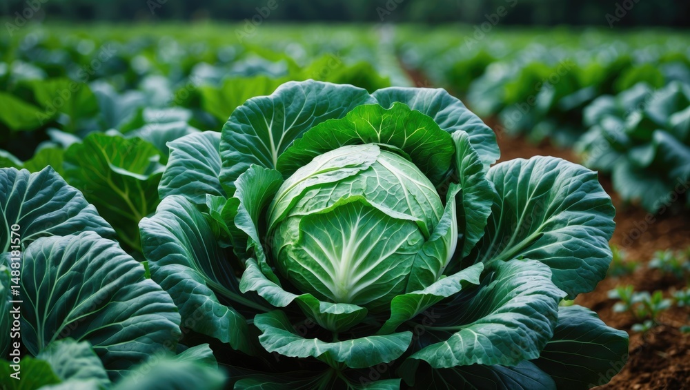 Obraz premium Organic farming scene featuring green cabbage plants in the field