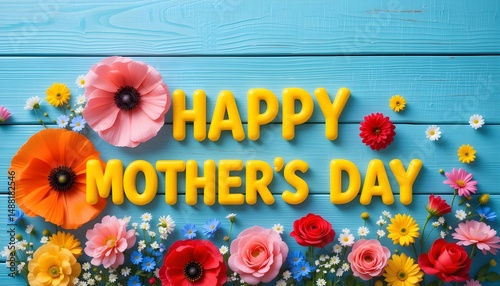 Happy Mother's Day Greeting Card with Colorful Flowers on Blue Wooden Background for Celebrating Moms.