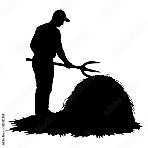 Silhouette of Farmer Moving Haystack with Pitchfork, Agricultural Labor Concept