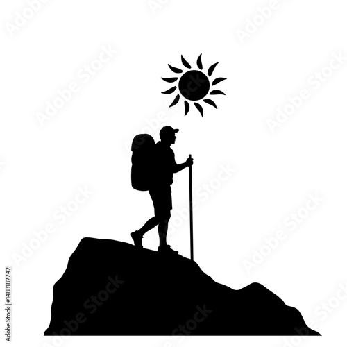 Silhouette of Person Hiking with Backpack under Sun, Summer Travel Adventure