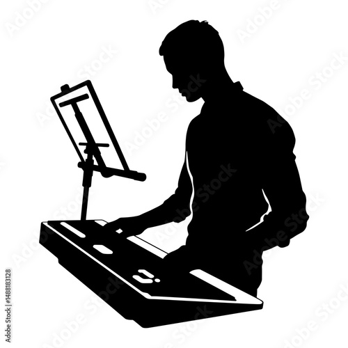 Silhouette of Person Playing Keyboard on White Background, Music Performance and Art Concept