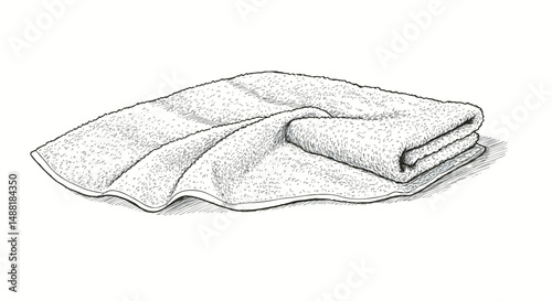 Detailed Pen and Ink Illustration of Folded Towel with Texture and Shadows - Line Art Illustration Vector