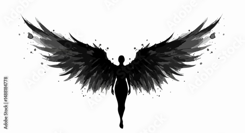 An abstract angel with stylized wings made from layered ink splashes, giving it a modern yet ethereal appearance in black and white.