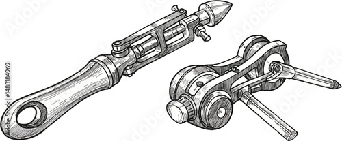 Detailed Sketch of Vintage Hand Tools with Wooden Handle and Metal Components - Line Art Illustration Vector