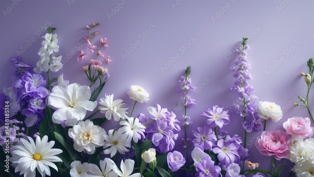 Fototapeta premium Flowers in white and purple against a backdrop