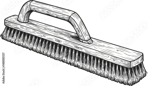 Detailed Woodcut Style Scrub Brush with Handle and Bristles - Line Art Illustration Vector