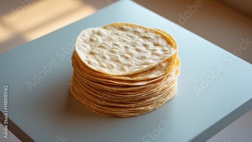 Top view of a stack of tortillas on a gray table, close-up, no people photo