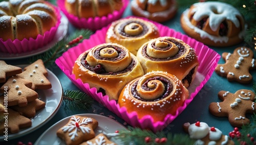 Christmas Bakes Made at Home: Cinnamon Buns, Saffron Buns, and Gingerbread Cookies in Traditional Style photo