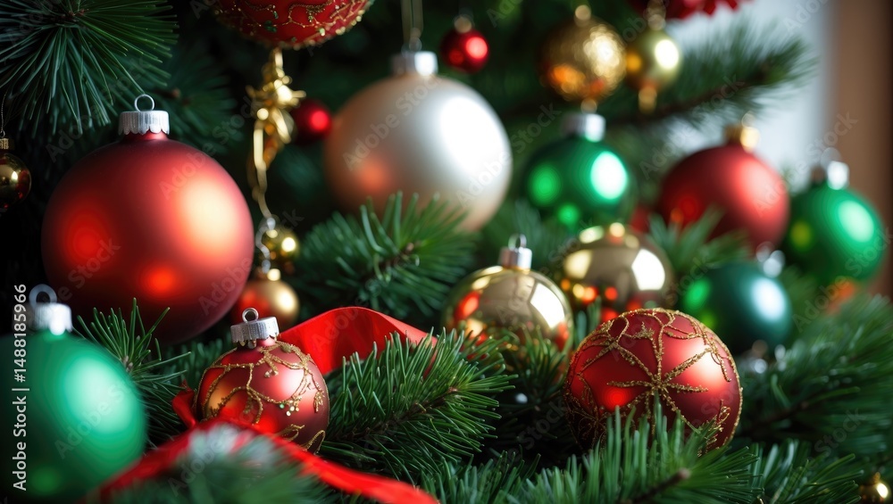 Fototapeta premium Decorating pine trees with round matte frosted ornaments