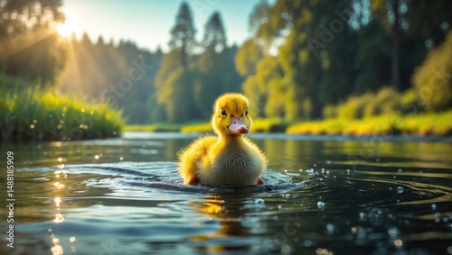 A Mallard chick is swimming on a river photo