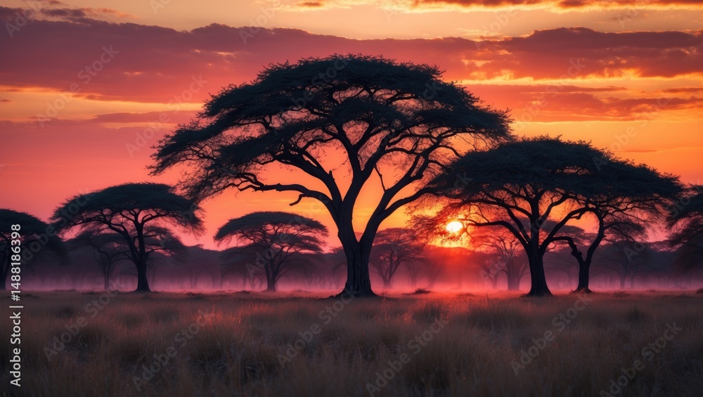 Obraz premium Silhouetted savanna woodland during sunset