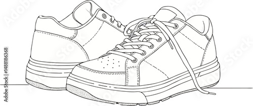 Platform Sneakers with Perforated Toe and Tied Laces - Line Art Illustration Vector