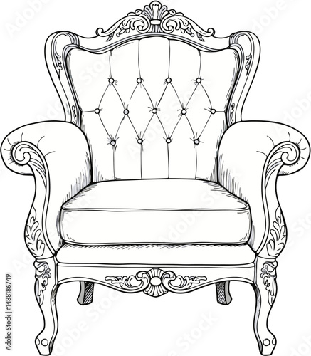 Ornate Rococo Armchair with Button Tufted Backrest - Line Art Illustration Vector