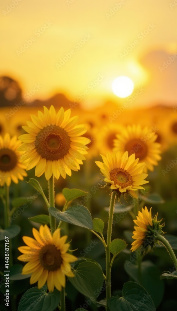 Obraz premium Sunlit sunflower field, soft focus background , wildlife, agriculture
