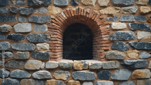 Rustic stone wall from a quarry featuring a bricked-up window