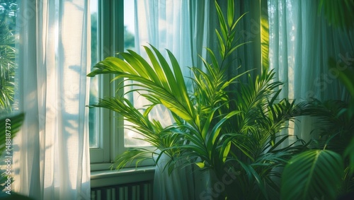 Lady palm decoration near the window with white curtains. Great Indoor plants.