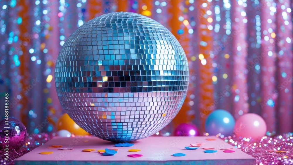 Obraz premium Party Atmosphere with a Purple and Blue Mirror Ball Set Against a Tinsel Backdrop in Pastel Hues