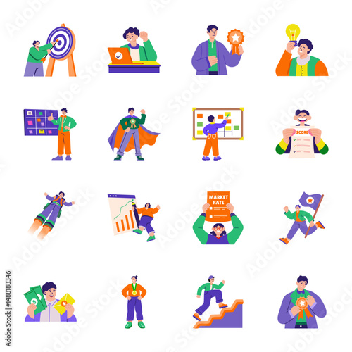Set of 16 Winner Characters Flat Style Illustrations


