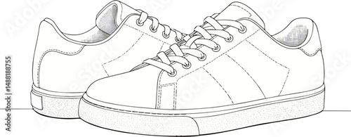 Detailed Two Casual White Sneakers with Laces - Line Art Illustration Vector