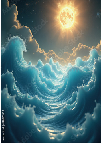 realm, surreal, ocean waves, water reflection, portal light, 