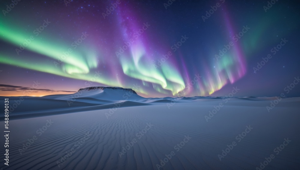 Obraz premium Stunning view of the Aurora Borealis illuminating a night sky over a snowy landscape with rolling hills