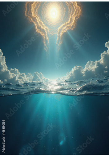 realm, surreal, ocean waves, water reflection, portal light, 