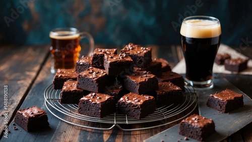 Imperial stout craft beer alongside rich chocolate brownies.