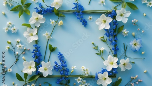 Flat lay arrangement of flowers on a light blue backdrop. Aerial view, empty space available. Stunning floral border. Portrait orientation.