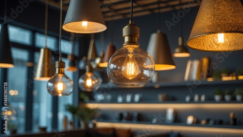 Modern industrial lamps used as decoration in a reception area