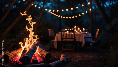 An outdoor dinner experience presents a calm, candlelit setting under the stars, accompanied by nature's sounds, combining adventure with peaceful elegance.