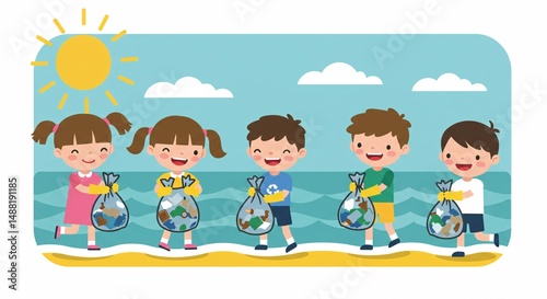 Happy children collecting trash on the beach, environmental protection concept