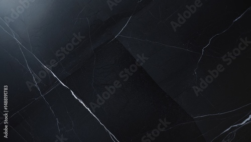 Black marble with white veins and high-gloss ceramic tile combined with granite slab stone, highlighting a dark tabletop design with striking uneven veins