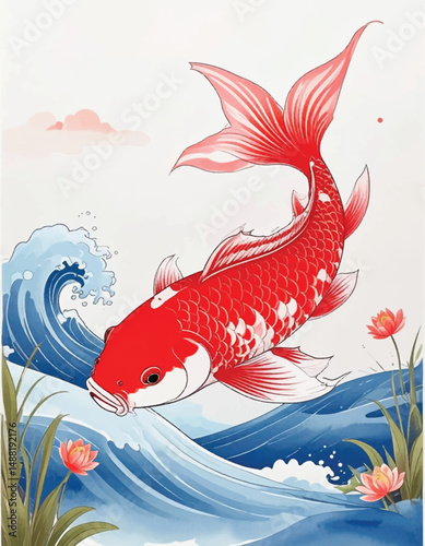 Colorful koi fish swimming through waves, Japanese art style. Koi fish swimming elegantly with ocean waves and floral background. Japanese-style koi fish jumping through waves and surrounded by lotus