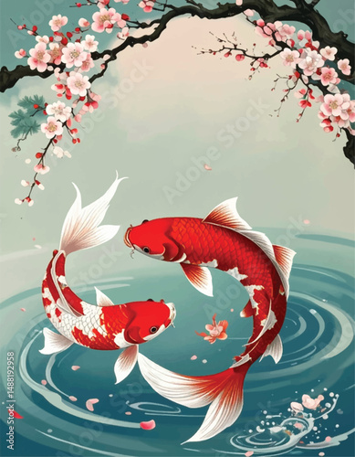 Two koi fish swimming in a tranquil pond with cherry blossoms in spring. Beautiful koi fishes with vibrant colors. Japanese koi fish in clear water with gentle waves and blooming cherry blossoms.