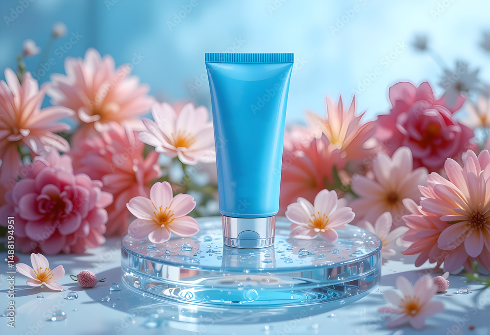Ultra-Realistic Skincare Product in Blue Tube with Flowers and Water Droplets Ultra-Realistic Skincare Product in Blue Tube with Flowers and Water Droplets