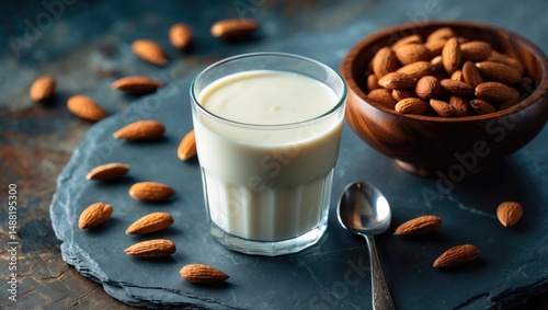 Healthy almond milk in a glass accompanied by nuts and a spoon on a wooden table, highlighting organic, fresh, and non-dairy nutrition.