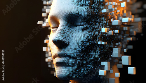 Artistic Digital Visualization of a Dissolving Human Face Made of 3D Cubes – AI and Deep Learning