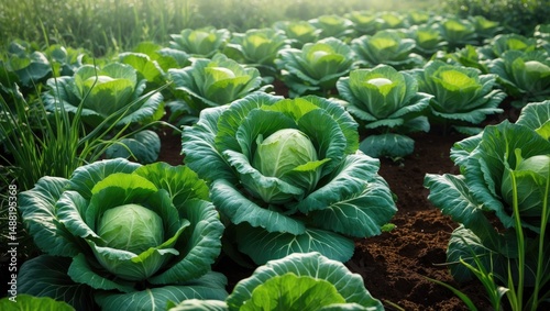 Vibrant green cabbage crops flourishing in a farm landscape. Lush foliage with organic texture, thriving in sunlight. Ideal for healthy food and organic farming themes.