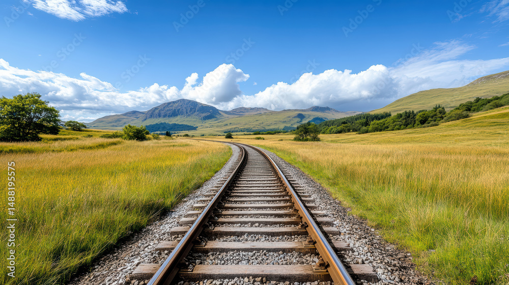 Fototapeta premium Winding railway tracks stretch through lush green fields bright blue sky, evoking sense