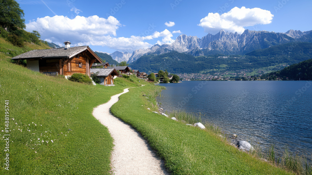 Fototapeta premium Lakeside village with charming cottages along winding footpath, surrounded by mountains