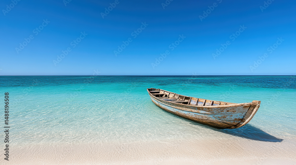 Traditional fishing boat rests on serene beach, surrounded by clear turquoise waters Traditional fishing boat rests on serene beach, surrounded by clear turquoise waters