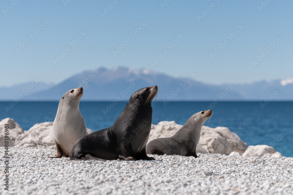 Fototapeta premium serene beach scene featuring new zealands marine mammals such as dolphins and seals basking in sun