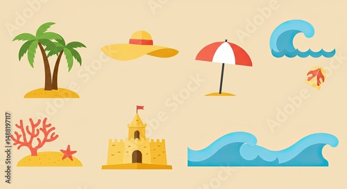 Colorful beach day illustration with various summer themed elements and objects.