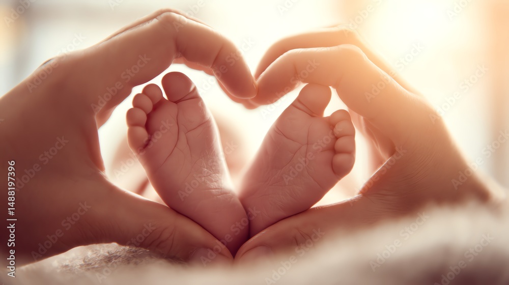 Obraz premium A pair of adult hands form a heart shape around the tiny feet of a newborn baby, symbolizing love and protection