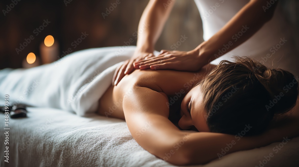 Obraz premium A woman receives a relaxing back massage in a tranquil spa setting, surrounded by soft lighting and a peaceful atmosphere