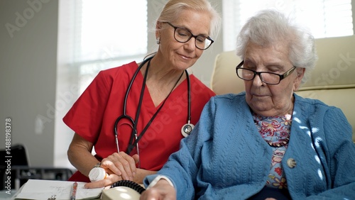 Φωτογραφία A nurse in scrubs interacts warmly with an elderly resident, sharing a light moment while reviewing notes in a comfortable room during the day