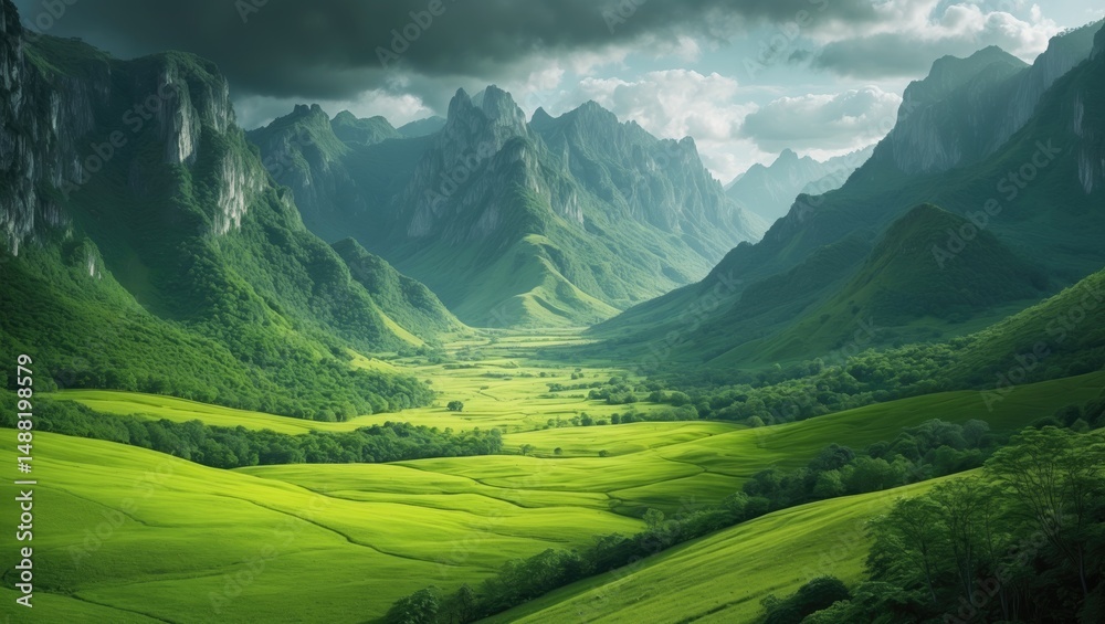 Obraz premium A vast woodland, mountain ranges, and a stunning emerald landscape. Captivating Background Photo Realistic Conceptual Art digital artworks utilized as backgrounds Scenery Visuals CG Visuals Serious