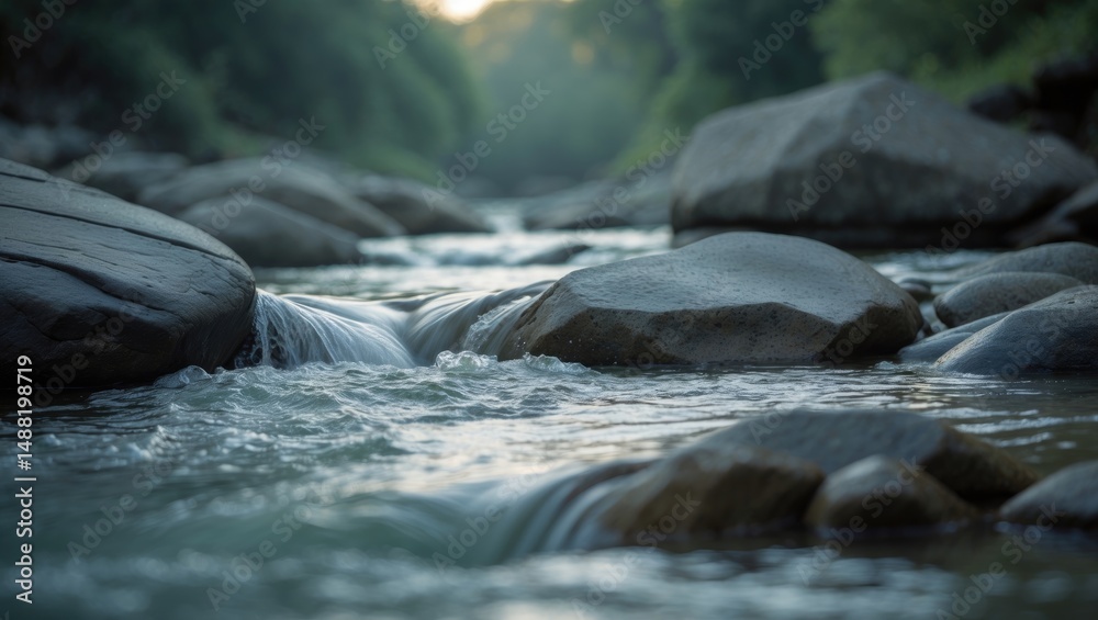 Fototapeta premium Close-up of the river meandering through rocks, stunning stone textures shaped by water, intentionally blurred background.
